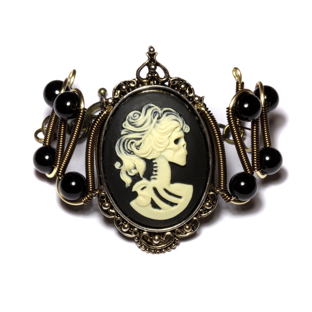 Steamgoth Bracelet - Ivory and Black Skeleton Lolita portrait Cameo
