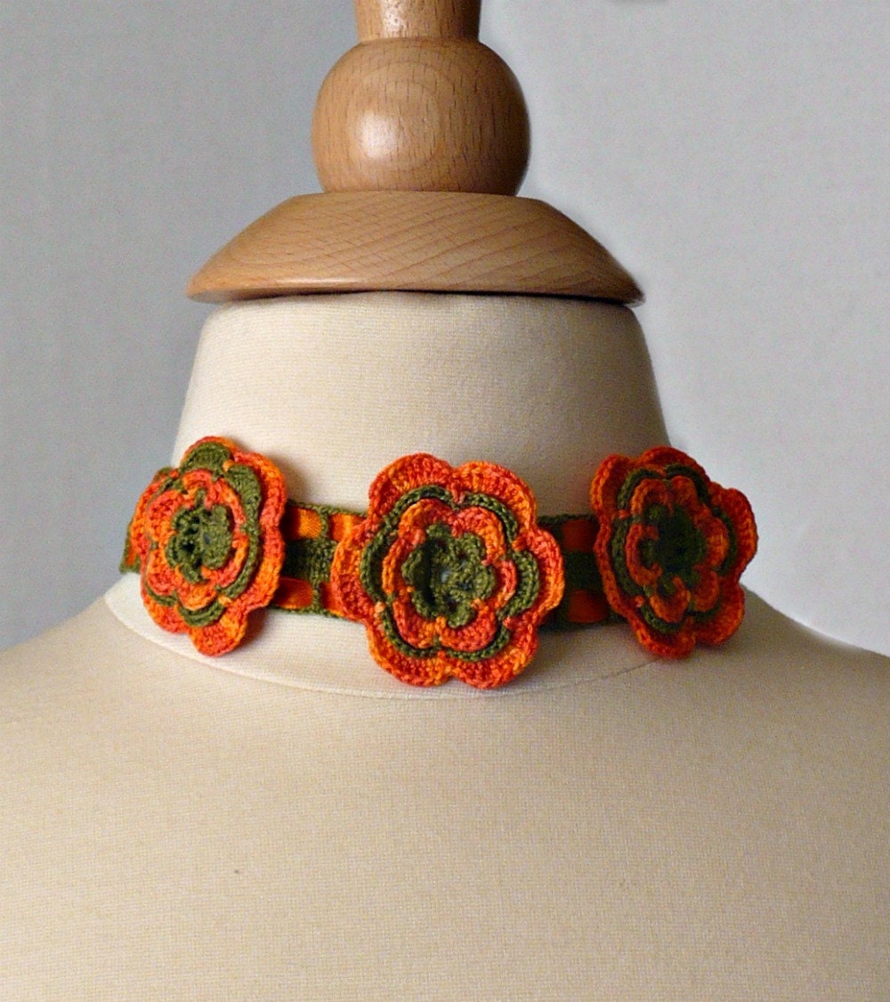 Crochet Necklace Irish Lace Crochet Flower Orange and Olive Green Roses With Satin Ribbon Choker