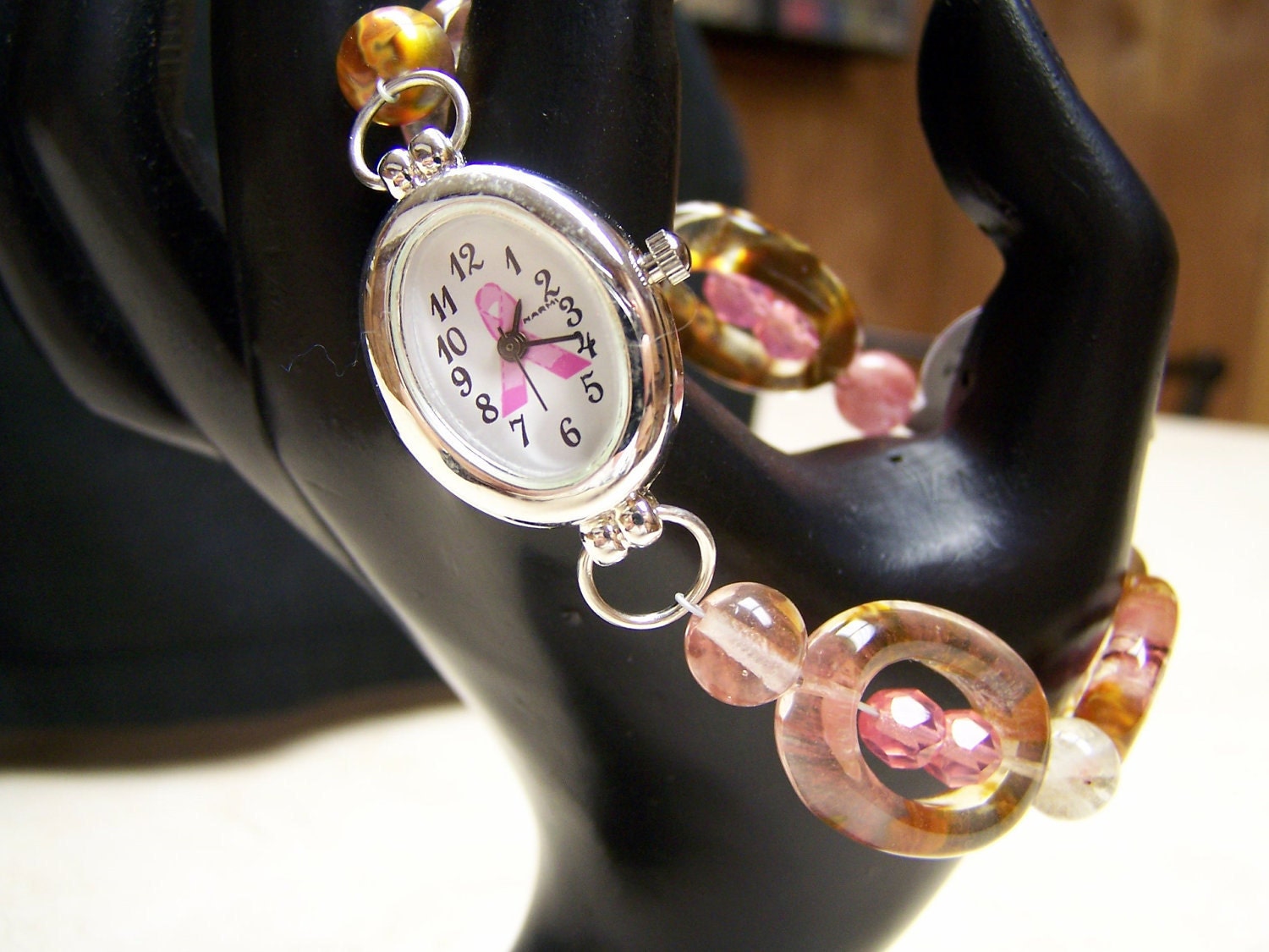SALE -Brown and Pink Glass Breast Cancer Watch