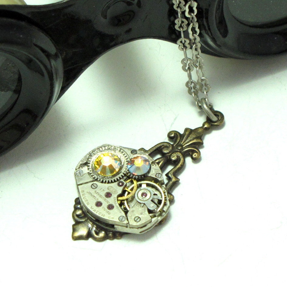 Enchanting Steampunk Necklace 17 Jewels Vintage Watch Movement Swarovski Neo Victorian By Mystic Pieces