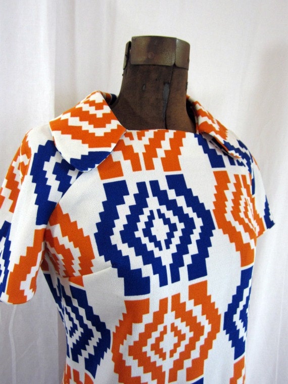 Vintage 60s Mod Minidress Orange and Navy Geometric Print Size Medium