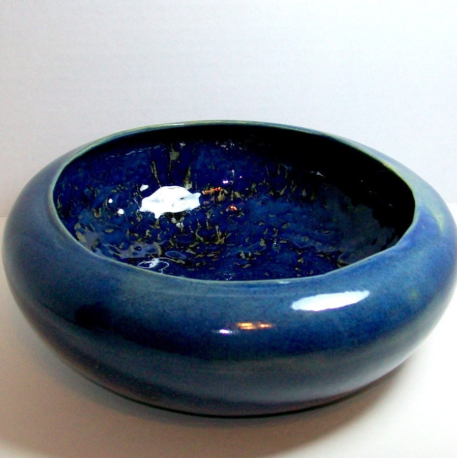 Blue Ceramic Bowl or Planter with Gold Swirls