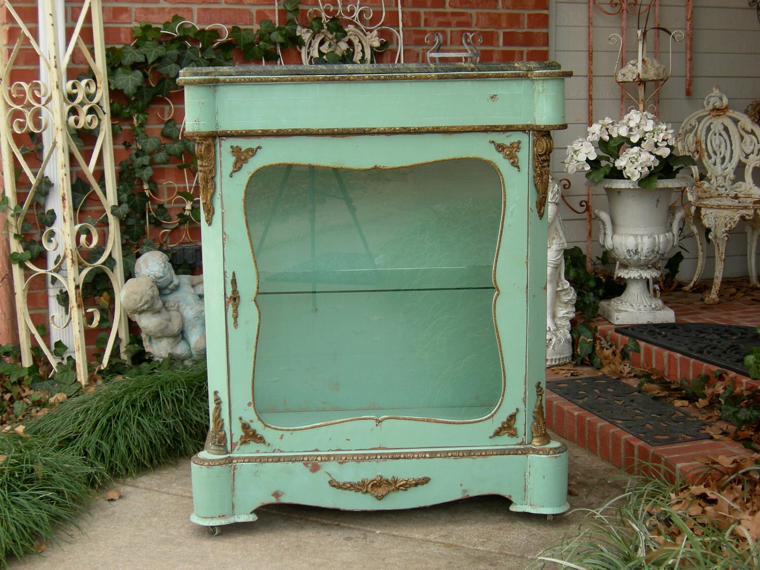 French DISPLAY CASE CABINET Shabby Chic Distressed Aqua Ormolu Antique Furniture