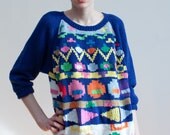 vintage graphic pattern sweater / hand knit cotton / M-L