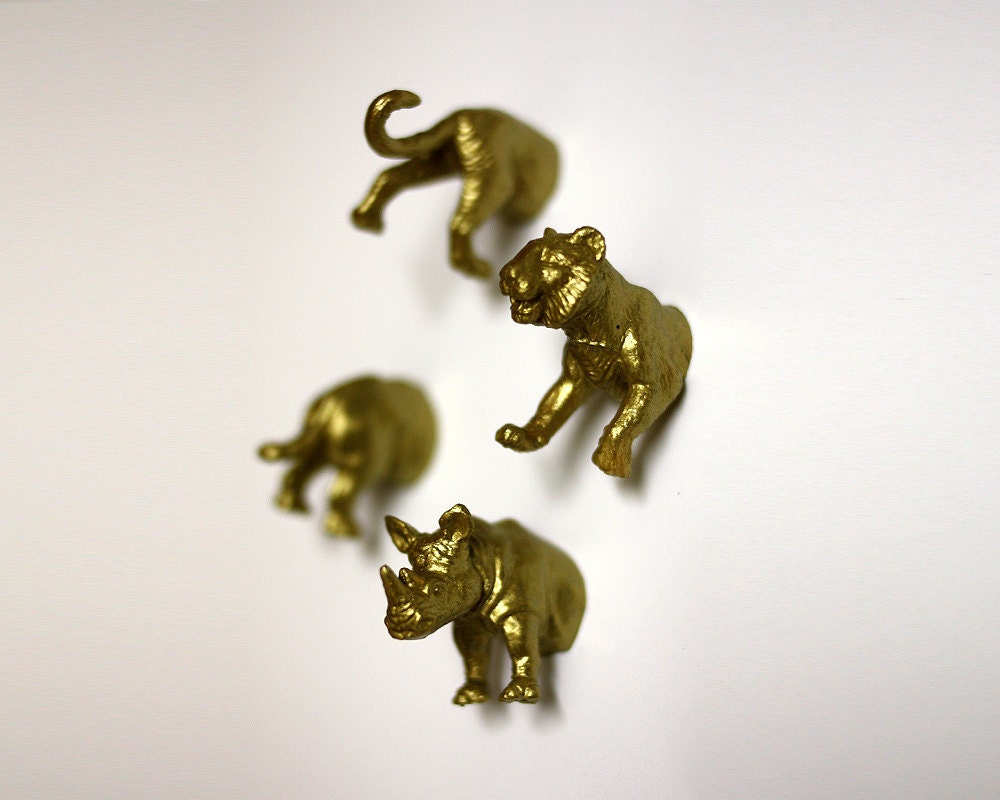 Jungle Wild Animal Magnets - 4 piece set in Gold Jaguar & Rhinoceros (F4-2)
