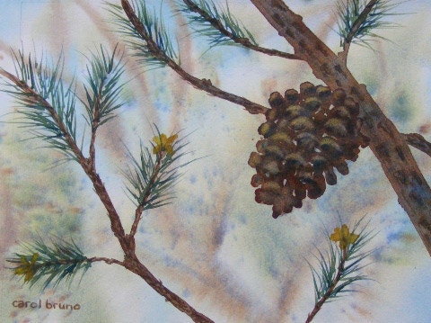 Alone in the Woods-Original Watercolor Painting of a Pine Cone