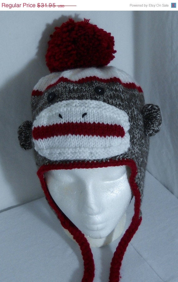 ON SALE Adult Sock Monkey Ear Flap Hat