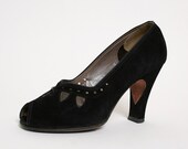 1940s Heels - Vintage Black Suede Cocktail High Heels US Size 6.5 6