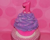 1st  First Birthday Fake Cupcake Girls One Year Old Photo Prop Purple February Birthstone Frosting, Keepsake, Party Decor, Room Decor