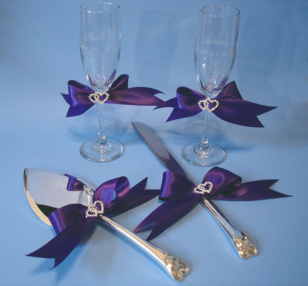 Personalized Wedding Toasting Flutes and Engraved Silver Heart Cake Serving Set with Linked Hearts in your Custom Color