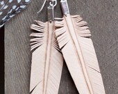 hand carved leather feather earrings - natural color