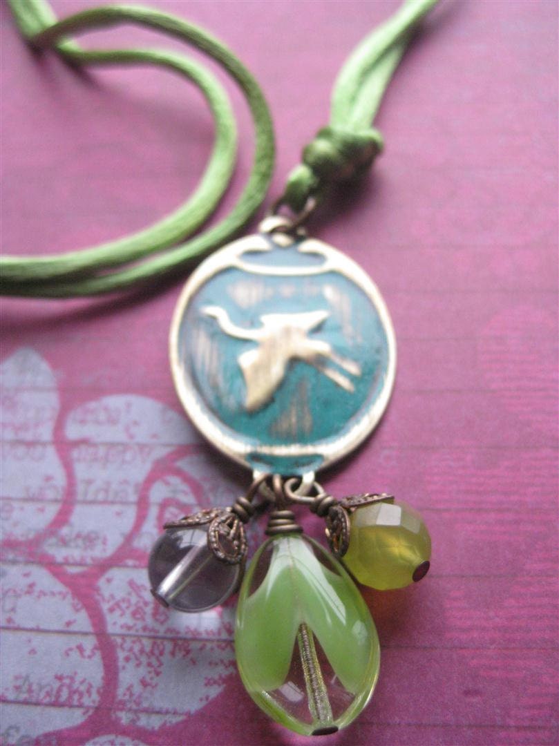 Crane Lantern Patinad Embossed Vintaj Brass And Satin Necklace