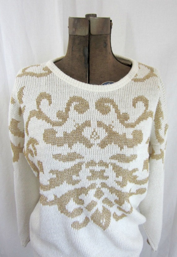 Vintage Ellen D 80s Iridescent Cream Sweater with Gold Metallic Design Size Large