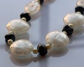 Black and White Lampwork Glass Beaded Necklace, Large Silver Foil Lined Beads, Chunky Fashion