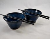 Set of Two Coblat Blue Rice Bows with Chopsticks
