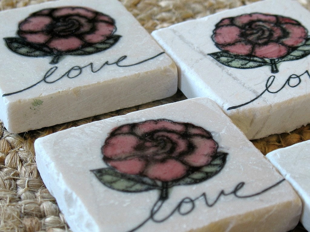 Antique Rose Love Tile Magnets, Set of 4, Ready to Ship