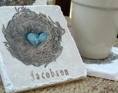 Bird Nest Tile Coasters, Robin's Egg, Set of 4, Personalization Available