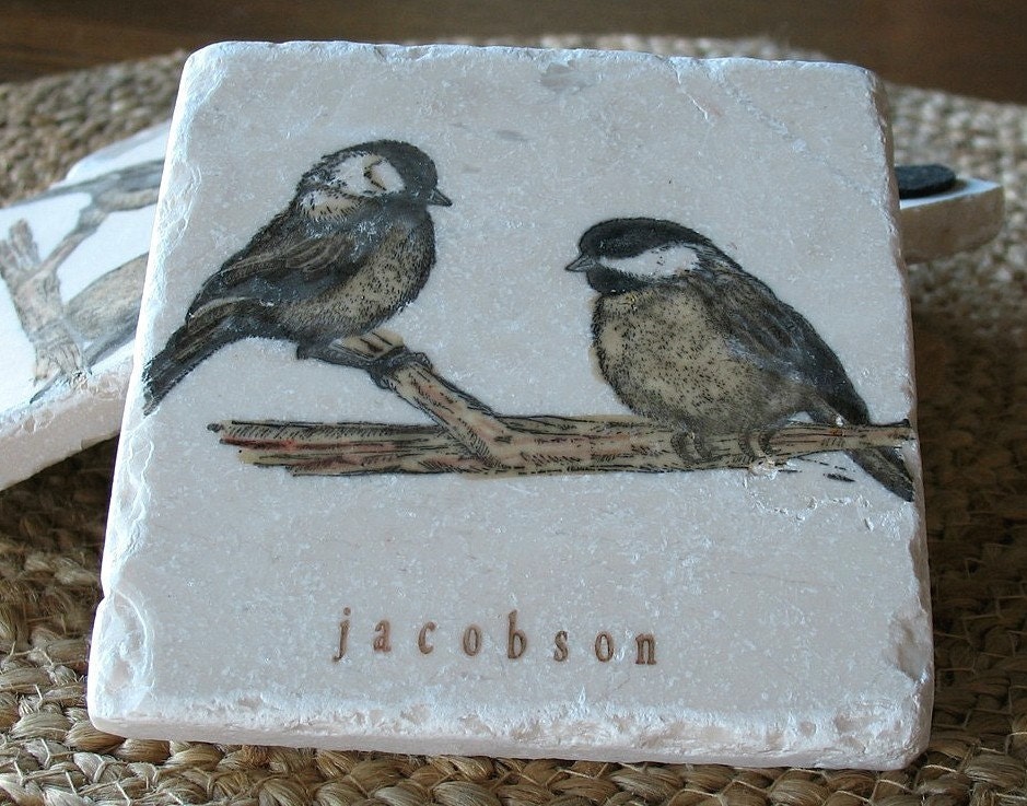 Personalized Chickadee Tile Coasters, Set of 4