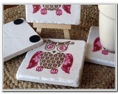Magenta Bold Owl Tile Coasters, Set of 4, Ready to Ship