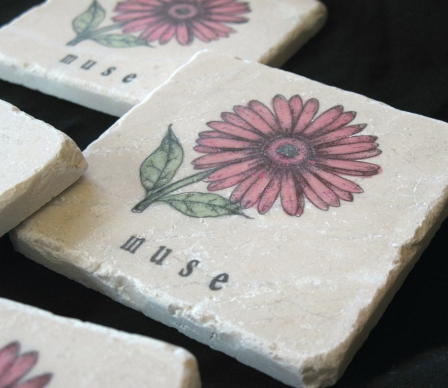 Personalized Pink Gerbera Daisy Coasters, Set of 4