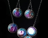 Peacock Bottle Cap Statement Necklace & Earrings Set, Resin Glitter Jewelry by Everyday Bohemian.