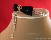 Steampunk Barrette, Black Velvet Bow with Chains and Gears, Coppertronic Hair Clip Accessory