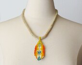 Crochet Necklace Icord Turquoise Yellow Orange Bamboo with Beaded Leaf