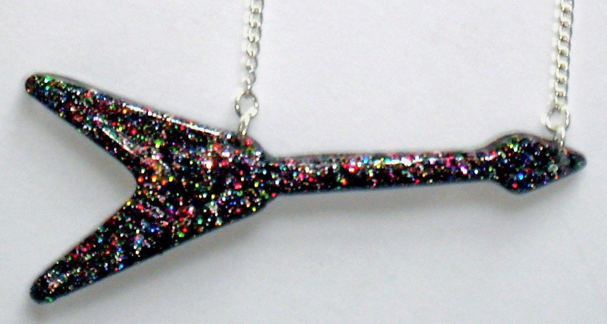 Rock N Roll multi-colored glitter glam rock guitar necklace