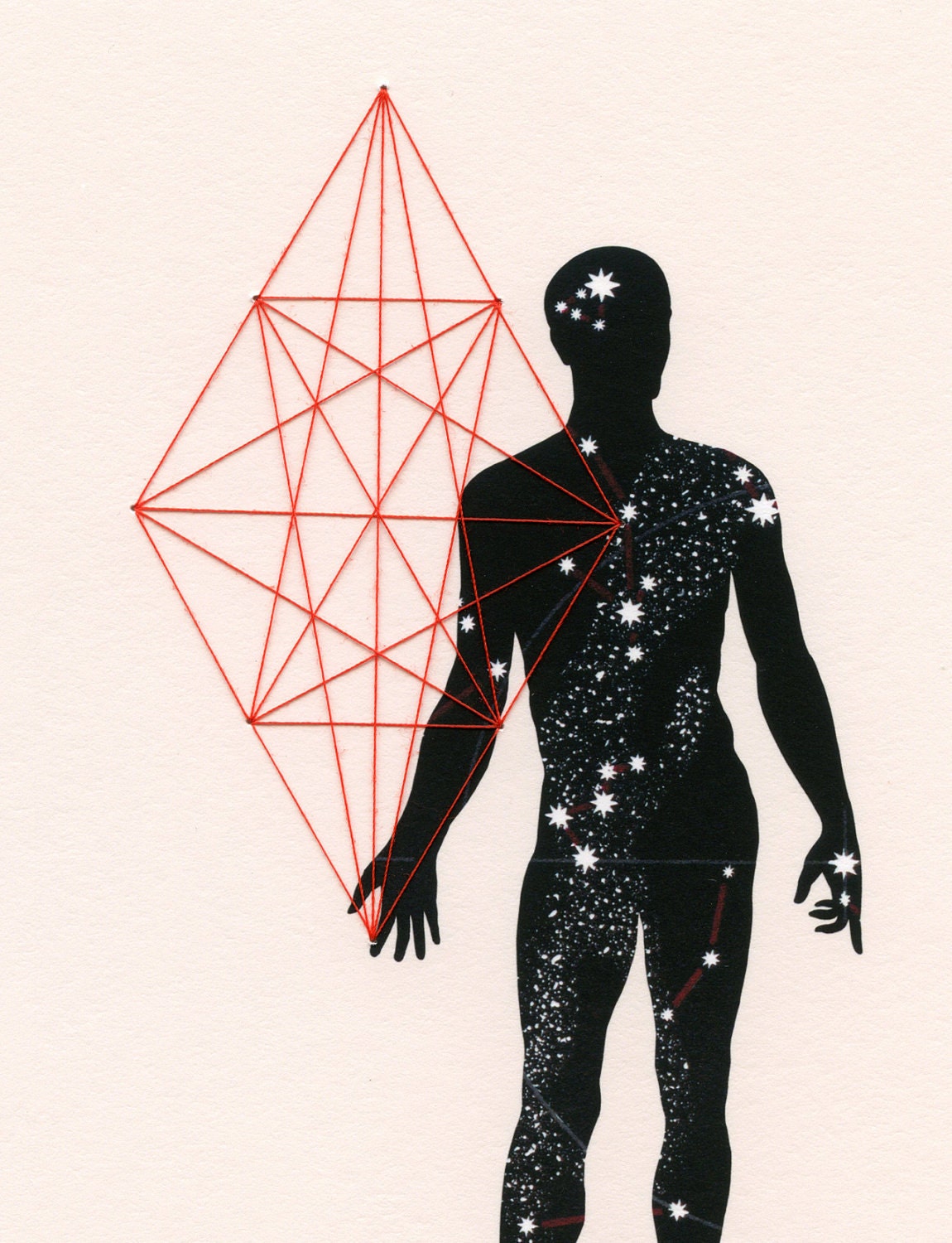 Handmade Embroidered Print - Vintage Star Map Collage Geometry Constellations 8 x 10 - Inner Space by selflesh