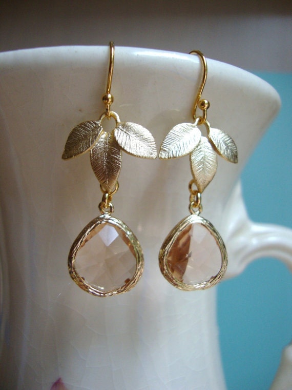 Champagne Glass and Gold Leaves Earrings. Bridesmaid Earrings.