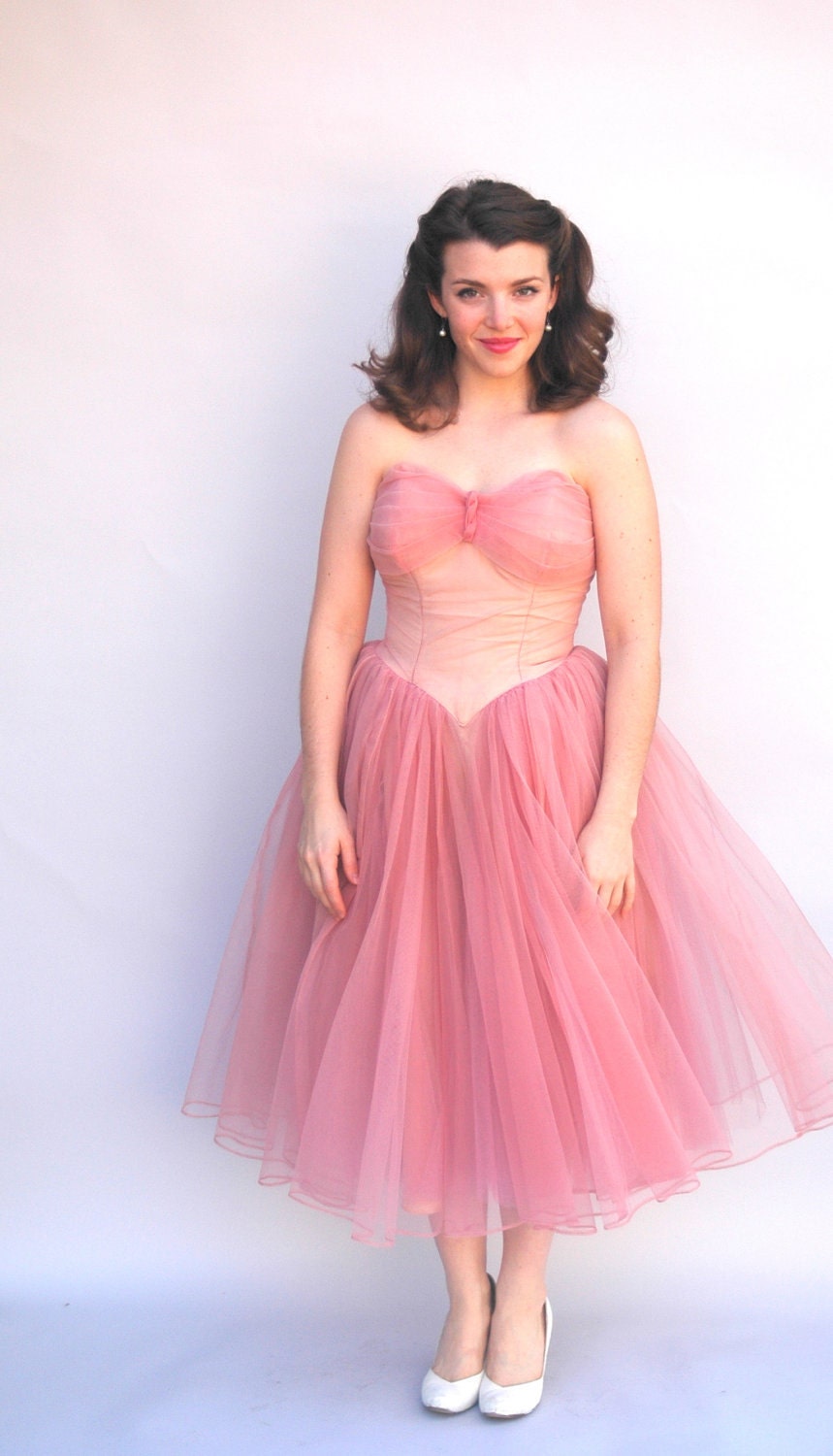 Vintage 1950s Dress - Pink Fluff - Dusty Pink Tulle Cupcake Tea Length Prom Dress