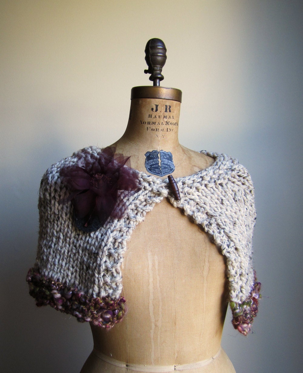 Knit cape Beige. Burgundy.  Wearable Art