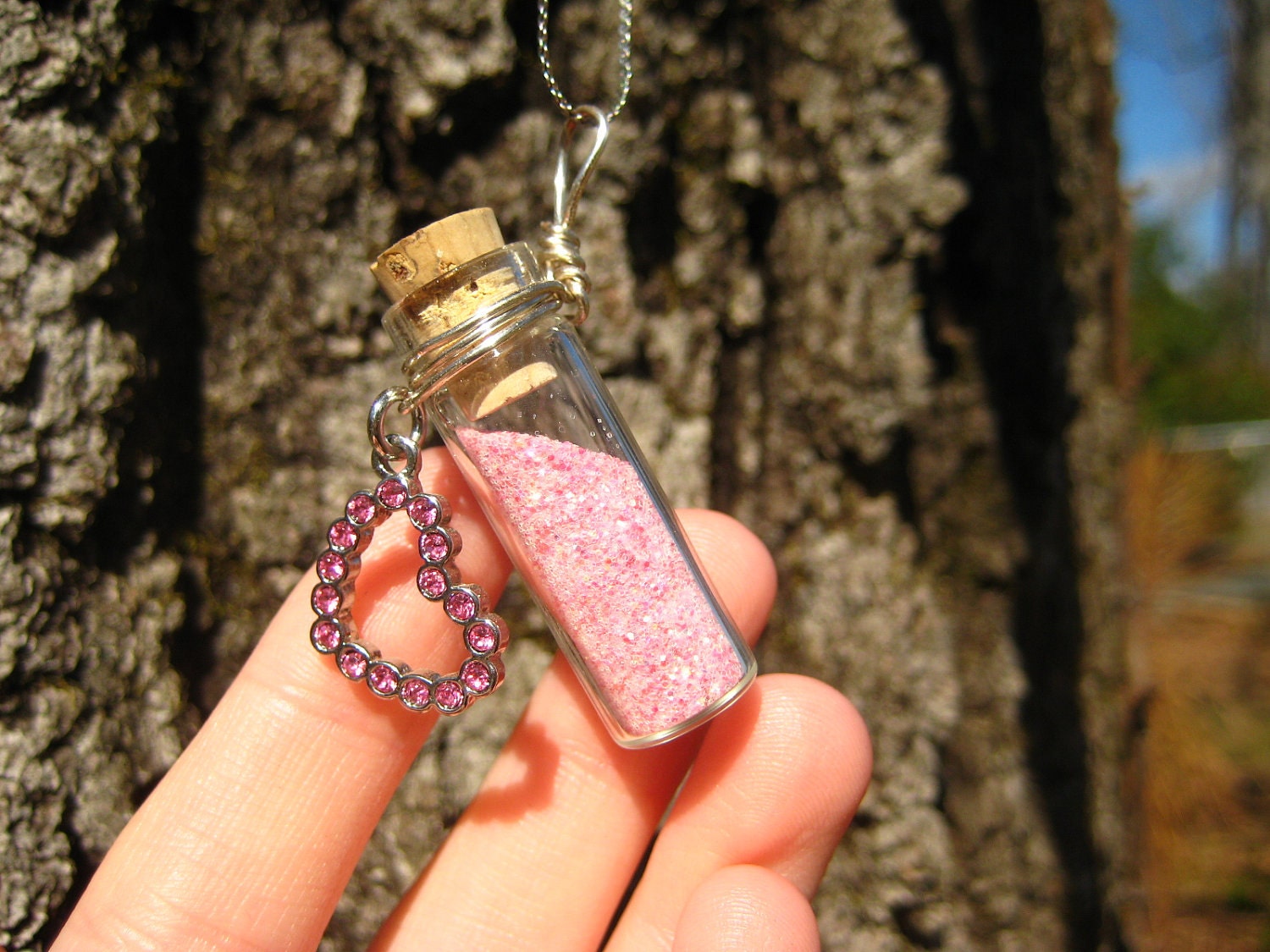 Glass Vial Necklace - Pretty Pink Fairy Dust - Heart Charm