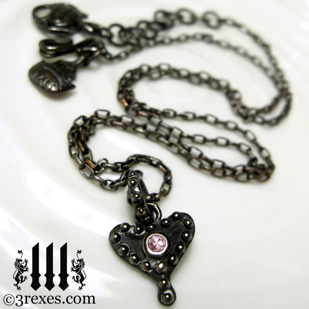 VALENTINES DAY SPECIAL Small Studded Black Heart Necklace Pink Stone Gunmetal Antiqued Silver Steam Punk