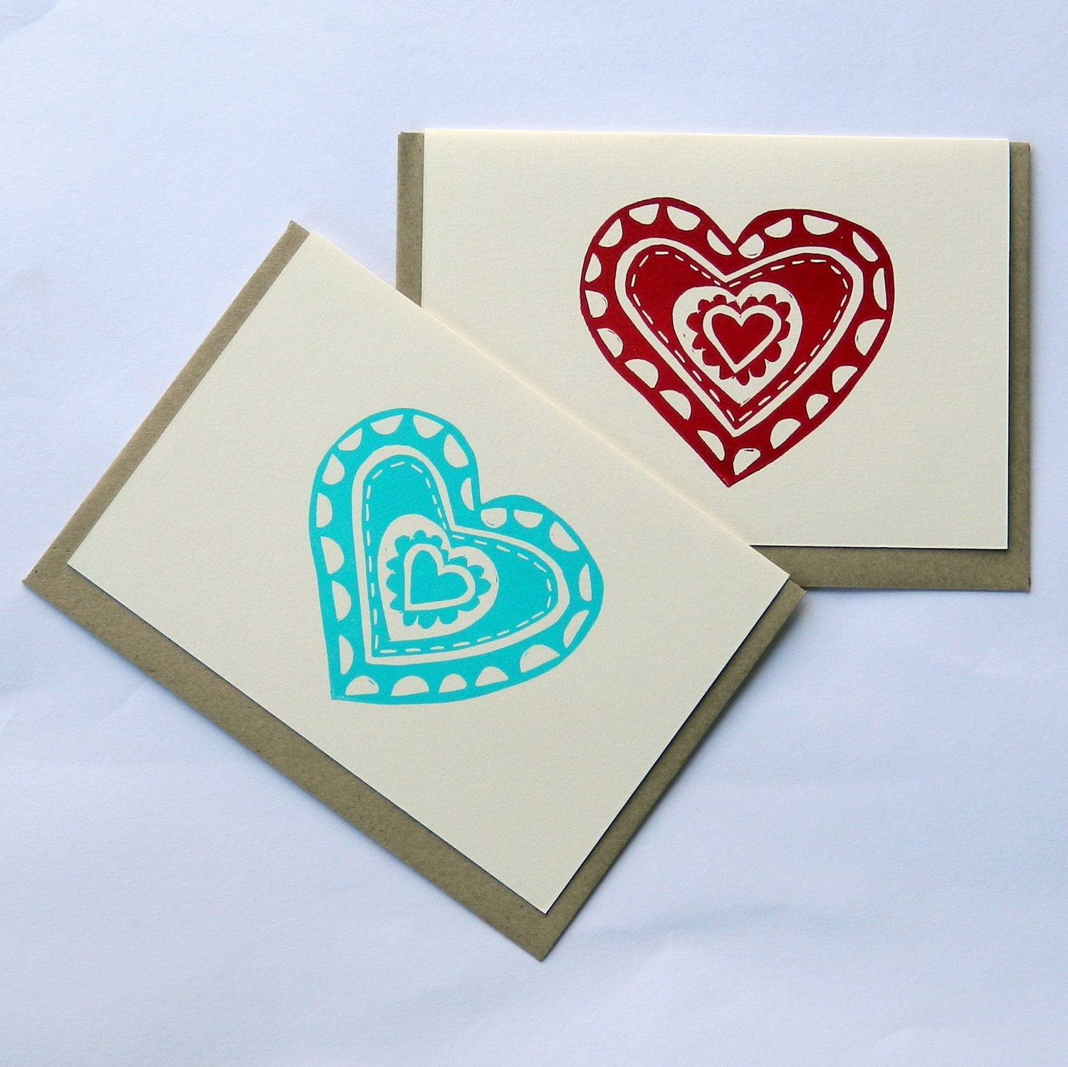 Red Quilted hearts linocut letterpress greeting card