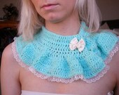 Cinderella inspired crochet neck warmer in aqua with lace and satin bow