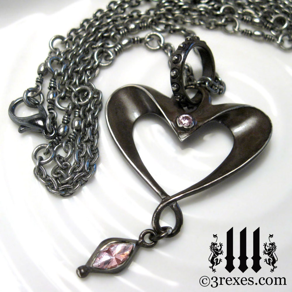 VALENTINES DAY SPECIAL Black Heart Necklace Pink Stone Long Antiqued Chain Steam Punk