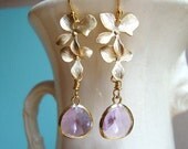 Cascading Gold Orchid and Lavender Glass Dangle Earrings. Bridal Earrings. Bridesmaid Earrings. Wedding Earrings