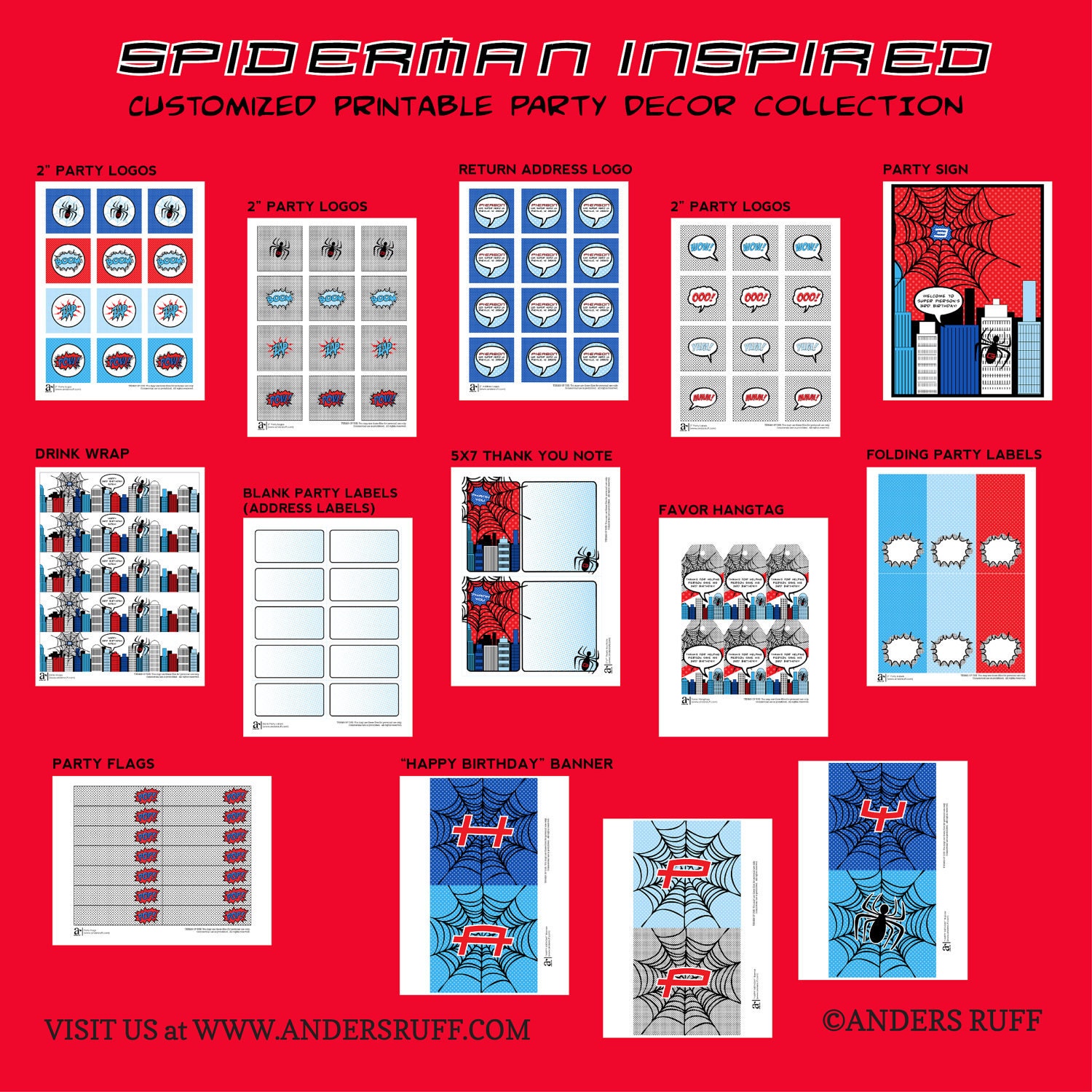 SPIDERMAN INSPIRED Birthday Party - Coordinating Spiderman Printables - Customized Super Hero Birthday Printable Package