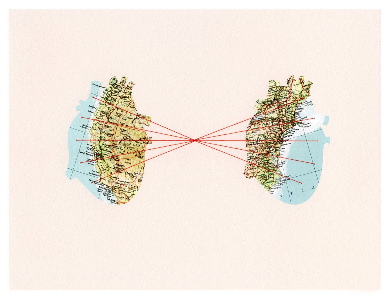 East Coast West Coast EMBROIDERED Map Collage PRINT 8 x 10 - Two Anatomical Hearts by selflesh
