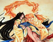 ORIGINAL Japanese art Fox kitsune watercolor painting FREE SHIPPING