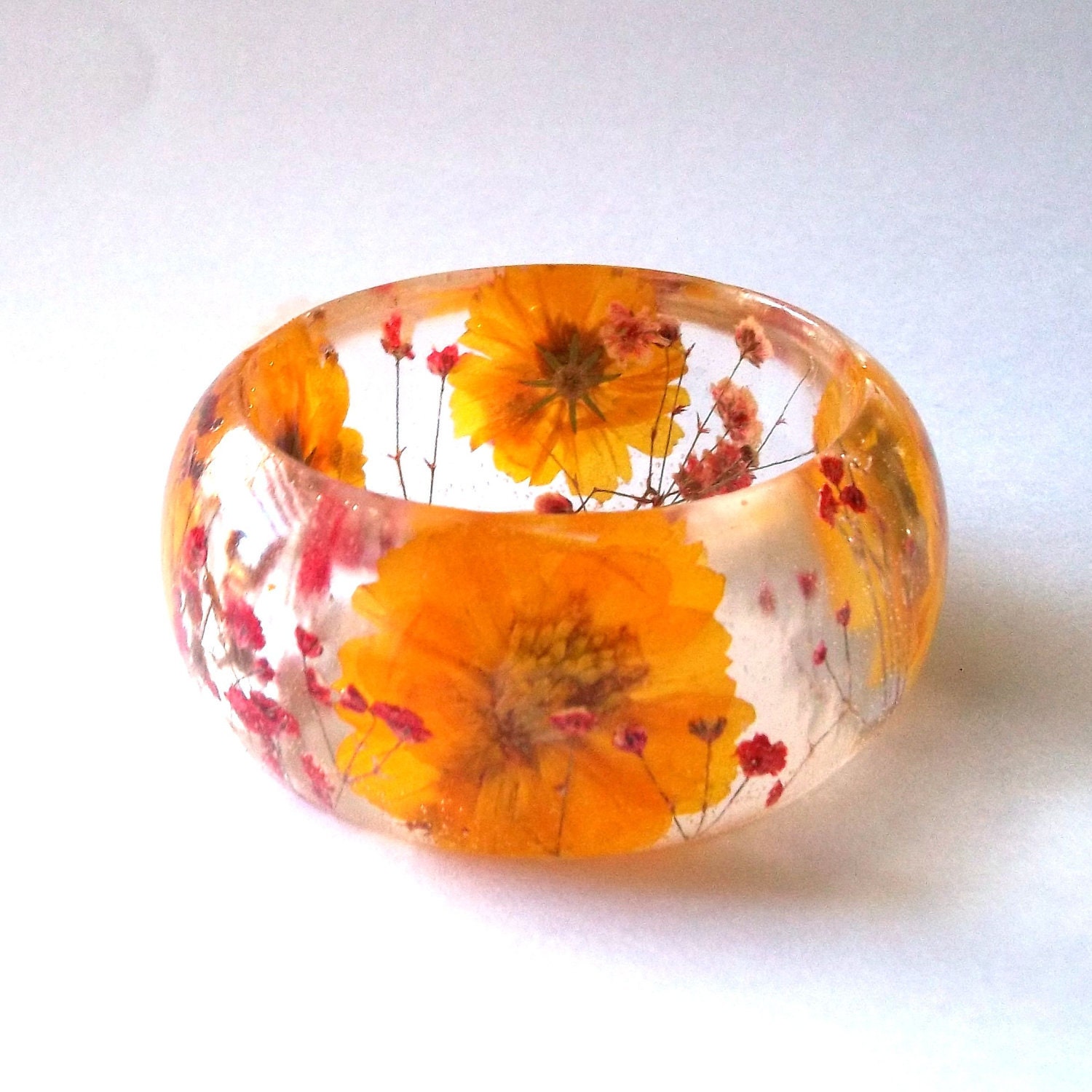 Red and Yellow Botanical Resin Bangle.  Chunky Bangle with Pressed Flowers.  Real Flowers - Red Baby's Breath and Yellow Cosmos. - SpottedDogAsheville