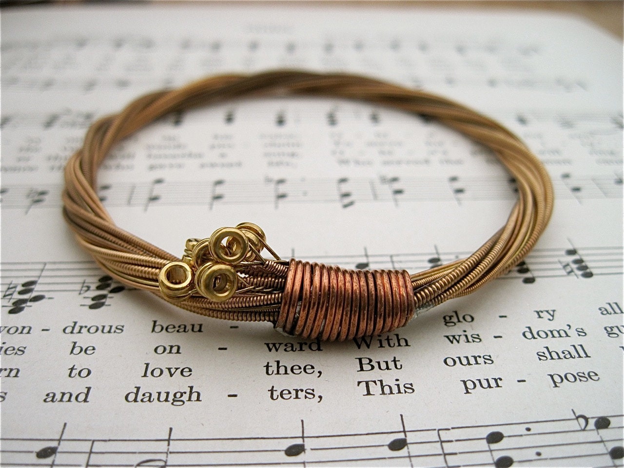 Recycled Acoustic Guitar String Bracelet bronze colored with brass ball ends attached Mens or Womens MEDIUM free shipping to US