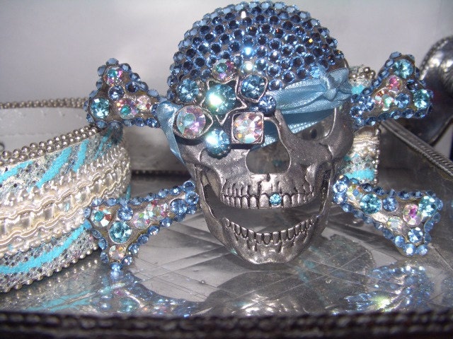 Baby Blue Topaz  Swarovski Crystal Designer Pirate Skull Belt and Buckle removable Collectible