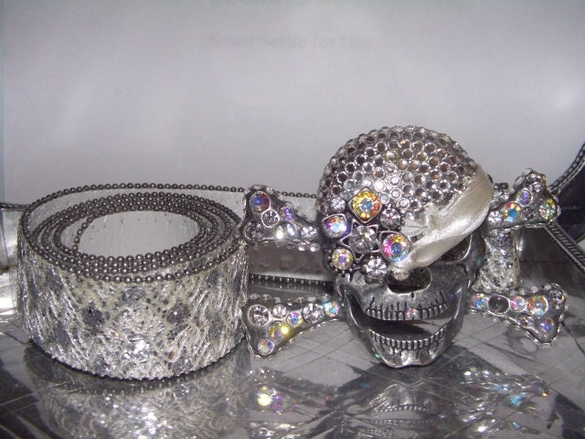 White Diamond Topaz  Swarovski Crystal Designer Pirate Skull Belt and Buckle removable Collectible