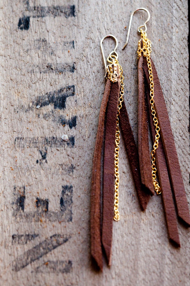 chocolate brown tassel earrings with gold colored chain