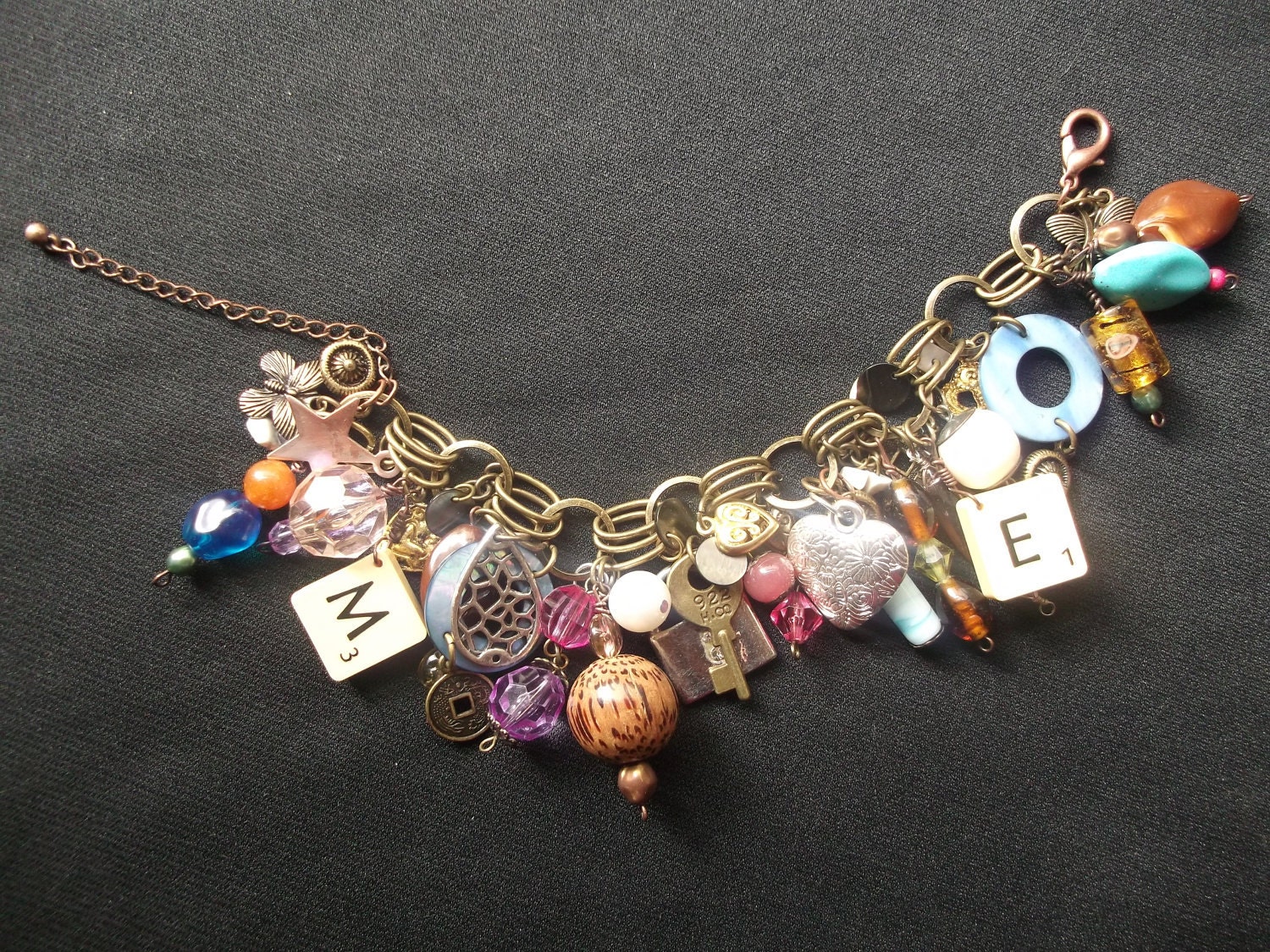 Bracelet Scrabble Steam Punk Charm Beaded Handmade