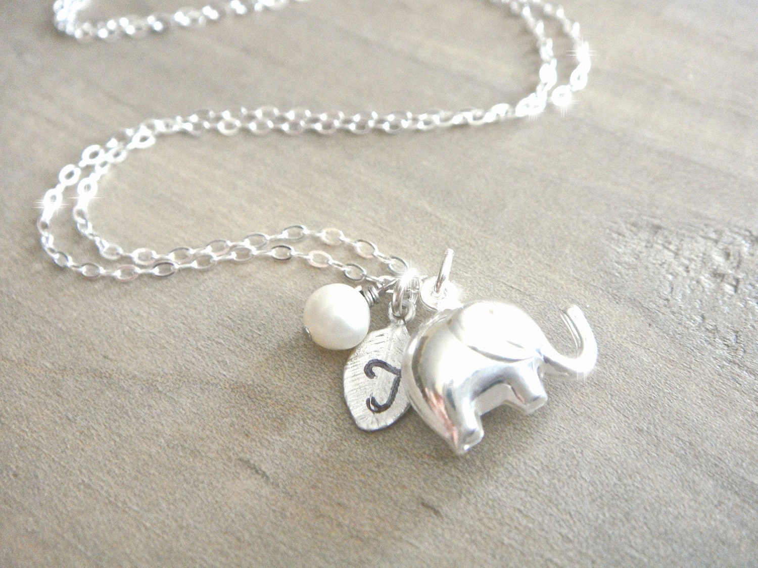 Elephant Necklace in Sterling Silver - Personalized Hand stamped leaf with freshwater pearl - Lucky Elephant