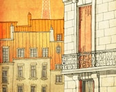 PARIS's windows  - Paris illustration - Paris art illustration print - Paris decor -Love,orange,yellow,Paris wall art,France,French fine art - tubidu