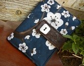 Kindle 4 Wifi Cover, Nook Cover, e-reader Cover-Navy Blue Suede Padded Book Style Cover Hand Painted with Cherry Blossoms